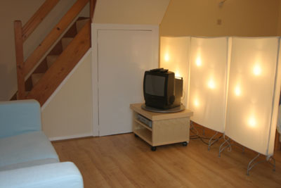 Sofa and TV with digital satelite for Maidenhead self catering apartment for short term let. Rooms to let in Maidenhead